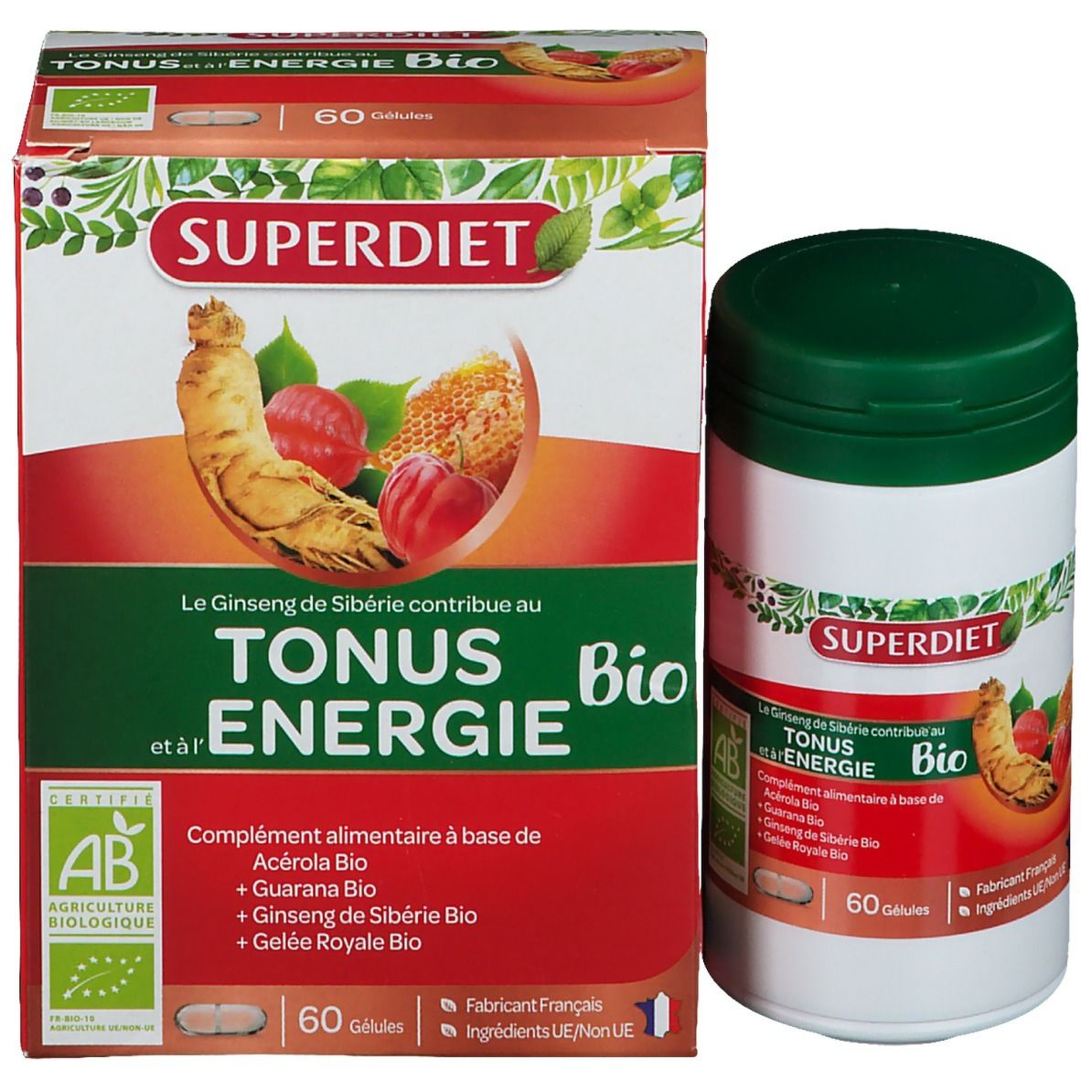 Confezione del prodotto con flacone e scatola. Scatola con scritta SUPERDIET, TONUS & ENERGIE BIO. 60 capsule. Certificazione AB.