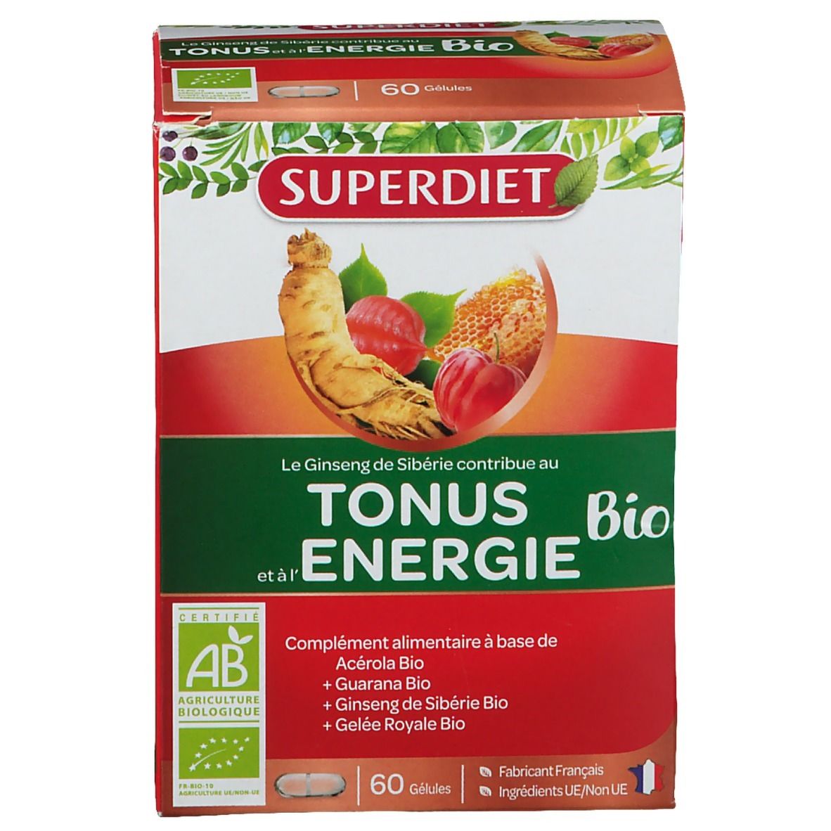 Confezione del prodotto con scatola. Scritta SUPERDIET, TONUS & ENERGIE BIO. 60 capsule. Certificazione AB.
