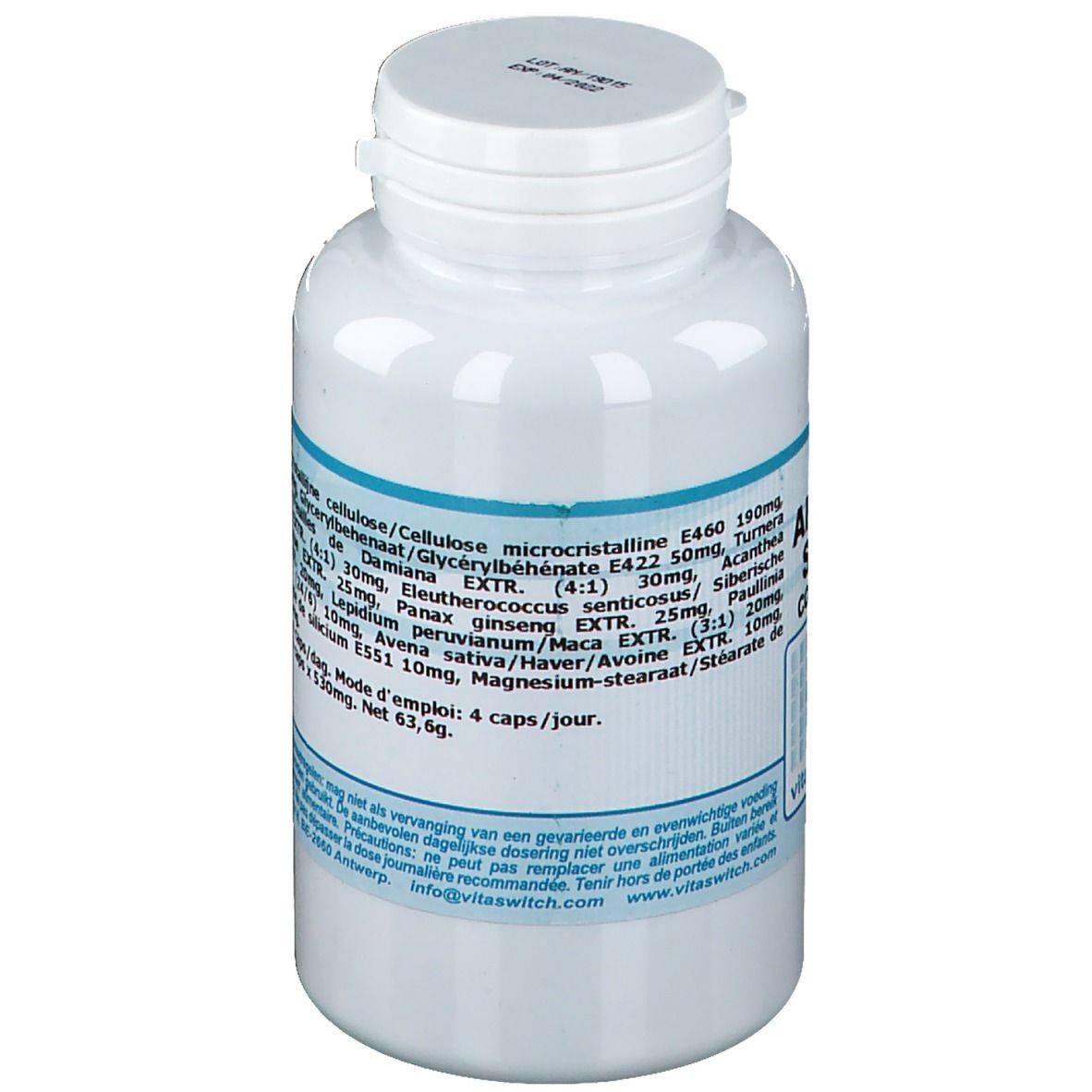 Flacone bianco con etichetta blu. Scritta: ingredienti e dosaggio. Coperchio con chiusura a scatto.