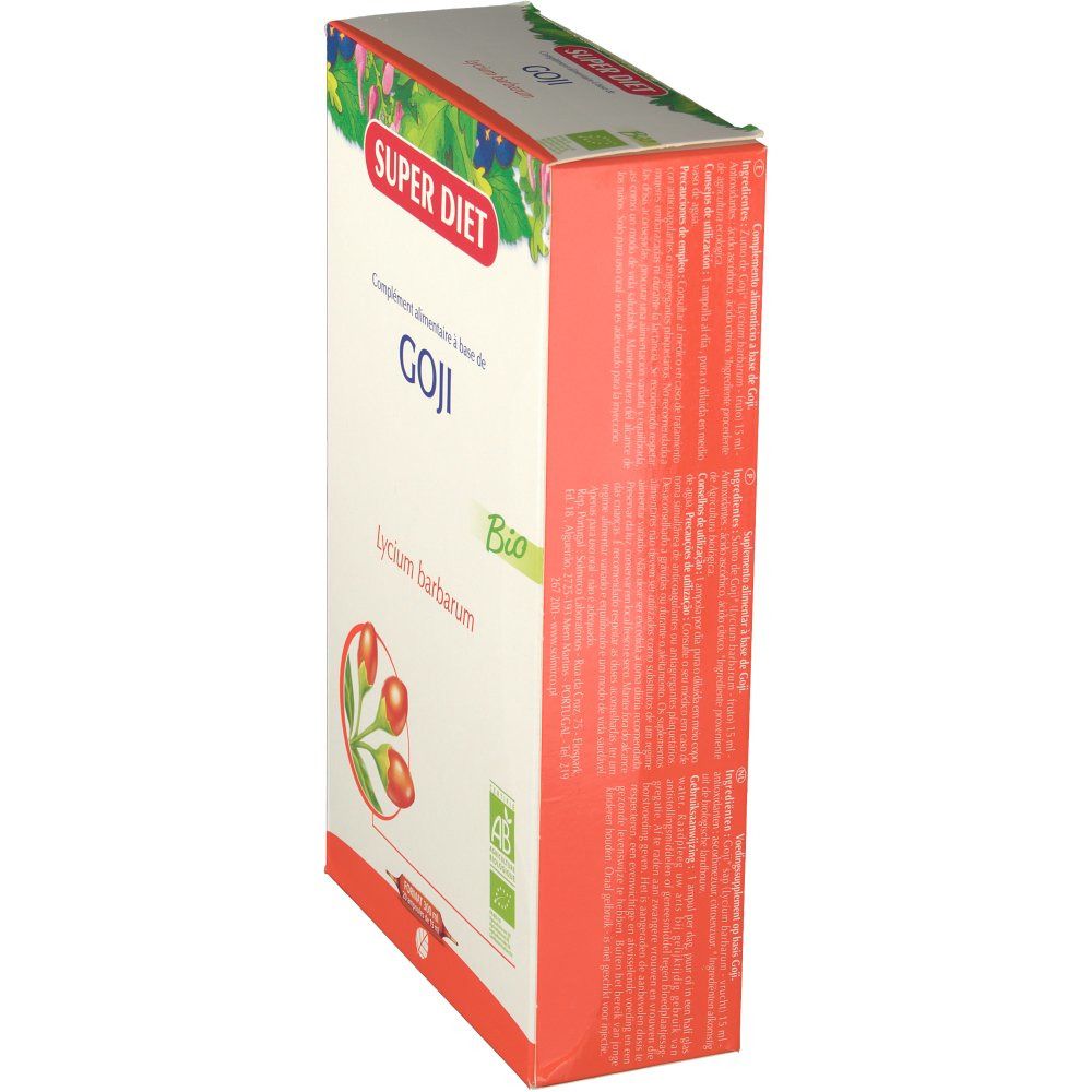 Scatola SUPER DIET GOJI Bio, angolata. Scritta e illustrazione di bacche di goji. Lati rossi.