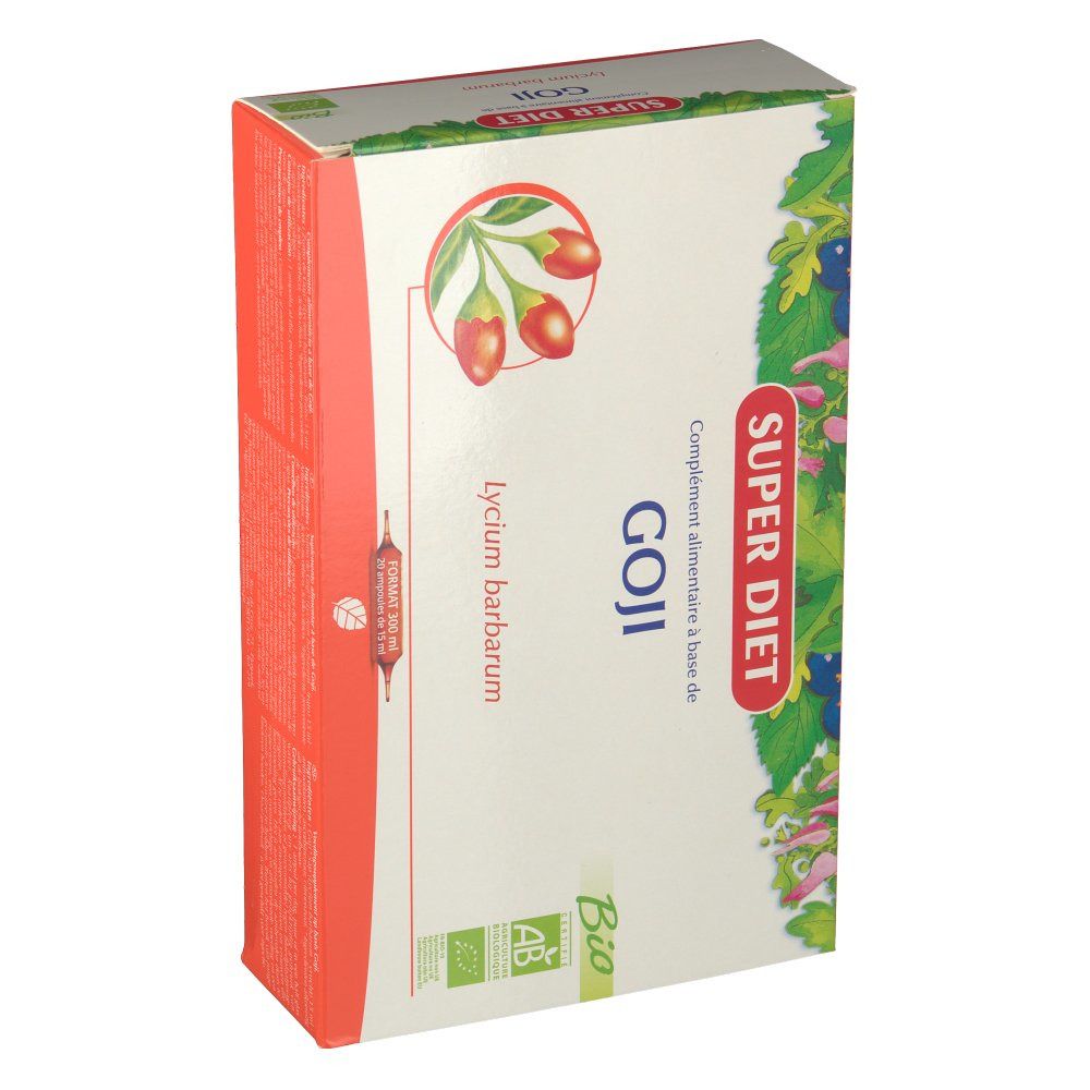 Scatola SUPER DIET GOJI Bio, angolata. Scritta e illustrazione di bacche di goji. Lati rossi.