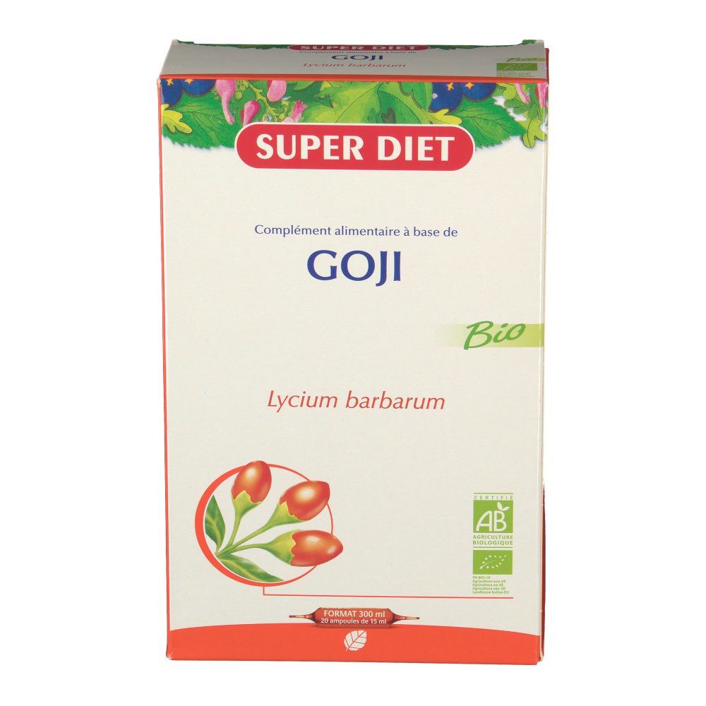 Scatola SUPER DIET GOJI Bio. Illustrazione di bacche di goji e foglie. Certificazione Bio.