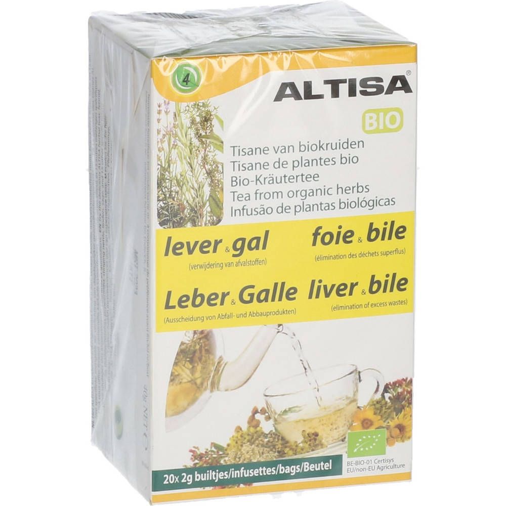 Confezione di Altisa Thee Lever Gal Bio. 20 bustine di tè. Certificazione biologica. Etichettatura multilingue.