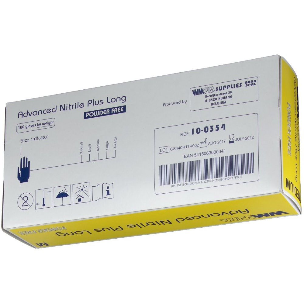 Confezione "Advanced Nitrile Plus Long" e "Power Free". Contiene 100 guanti. Taglia "Medium". Marchio: WMWM.