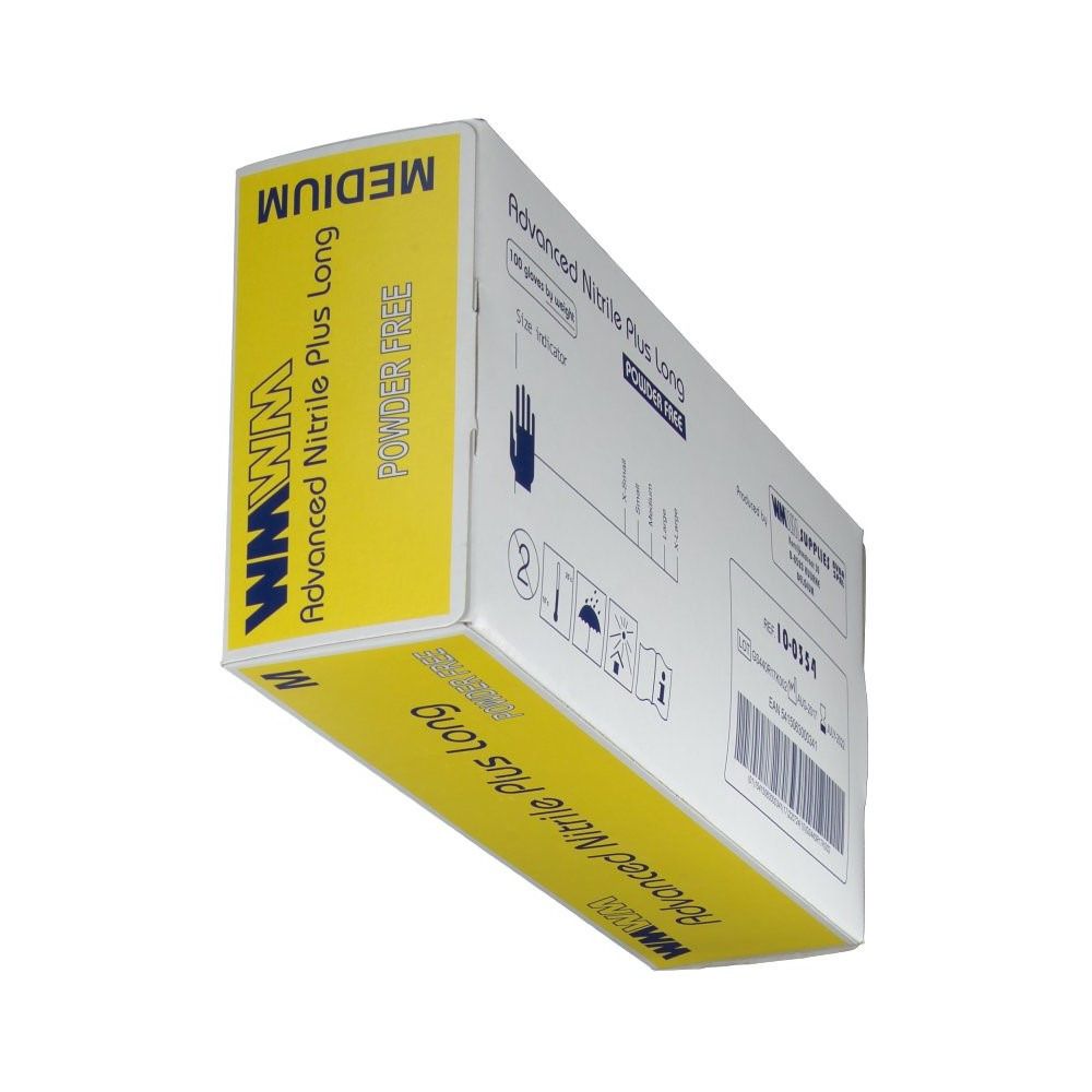 Scatola gialla con scritta "Advanced Nitrile Plus Long" e "Power Free". Taglia "Medium". Marchio: WMWM. Vista angolata.