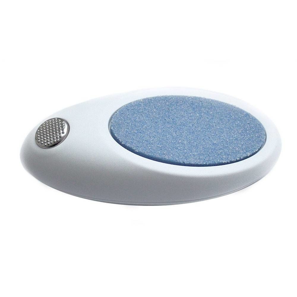 Raschietto per calli ovale, bianco con zona abrasiva blu e bottone argentato.