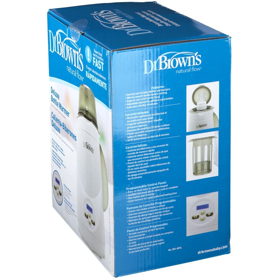 Retro della confezione dello scaldabiberon Deluxe Dr. Brown's. Illustrazioni e testo su scatola blu.