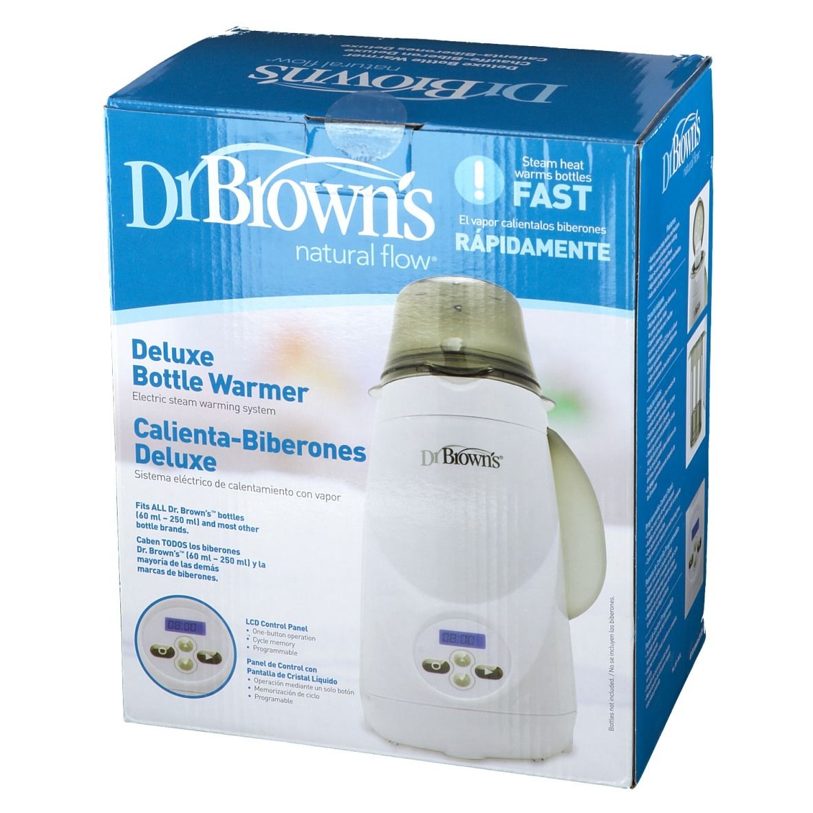 Confezione dello scaldabiberon Deluxe Dr. Brown's. Dispositivo bianco con display LCD, su scatola blu. Testo: Deluxe Bottle Warmer.