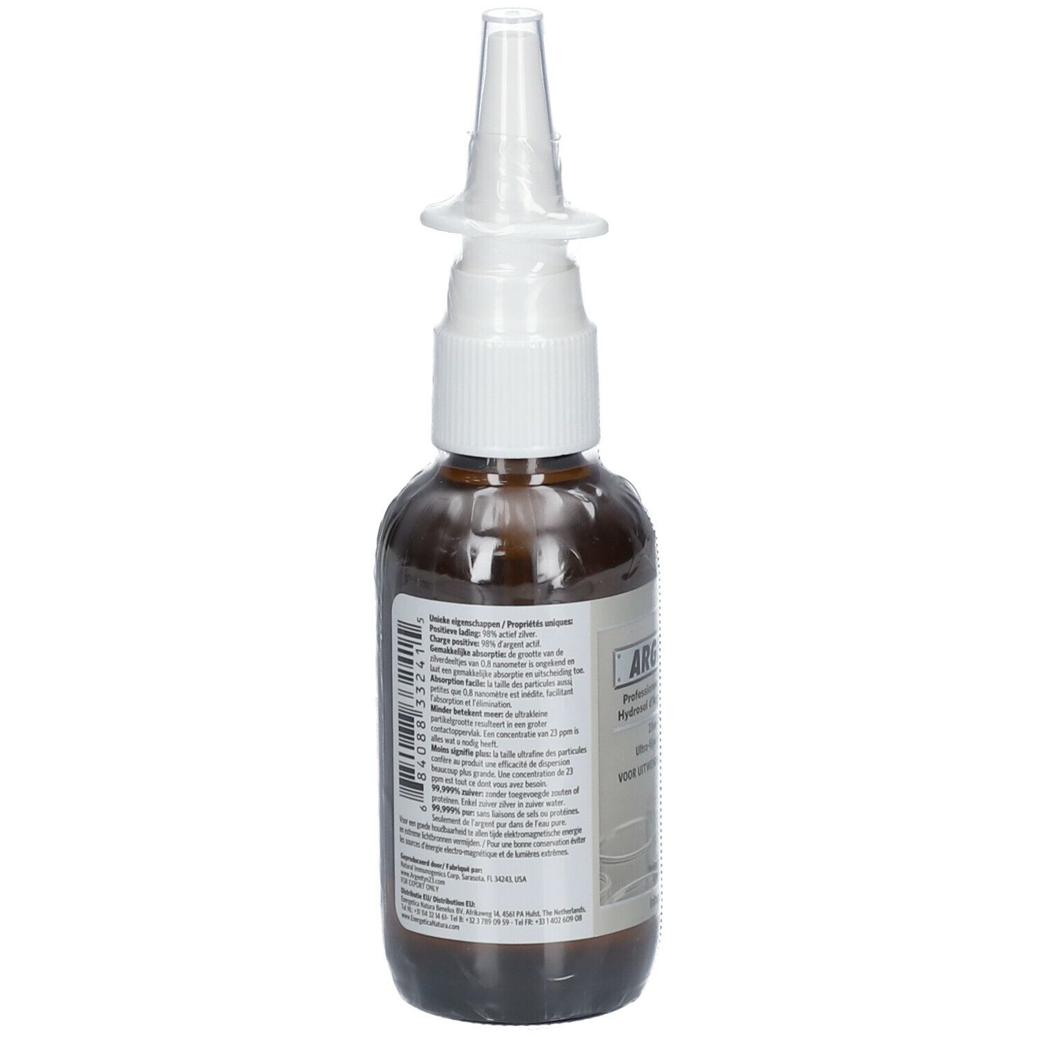 Retro di un flacone di vetro marrone con nebulizzatore bianco. Testo sull'etichetta.