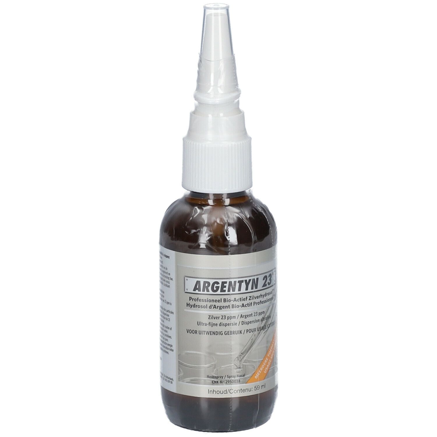 Flacone di vetro marrone con nebulizzatore bianco. Scritta: Argentyn 23. Contiene 59 ml.