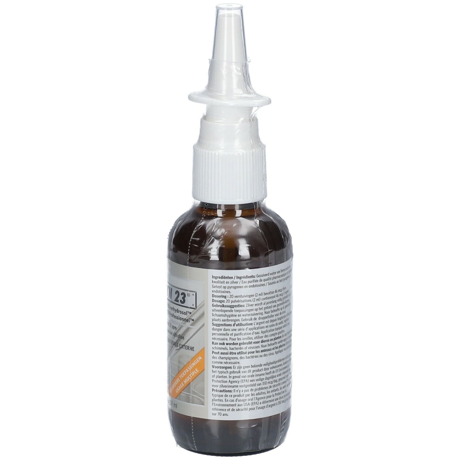 Flacone di vetro marrone con nebulizzatore bianco. Etichetta con testo.