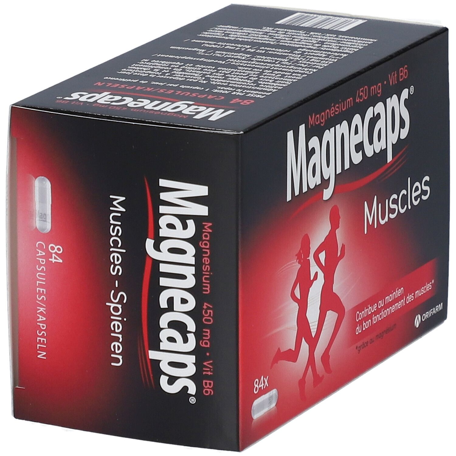 Confezione Magnecaps Muscles. Contiene 84 capsule. Scritta: Magnesio 450 mg + Vit B6. Due persone che corrono.