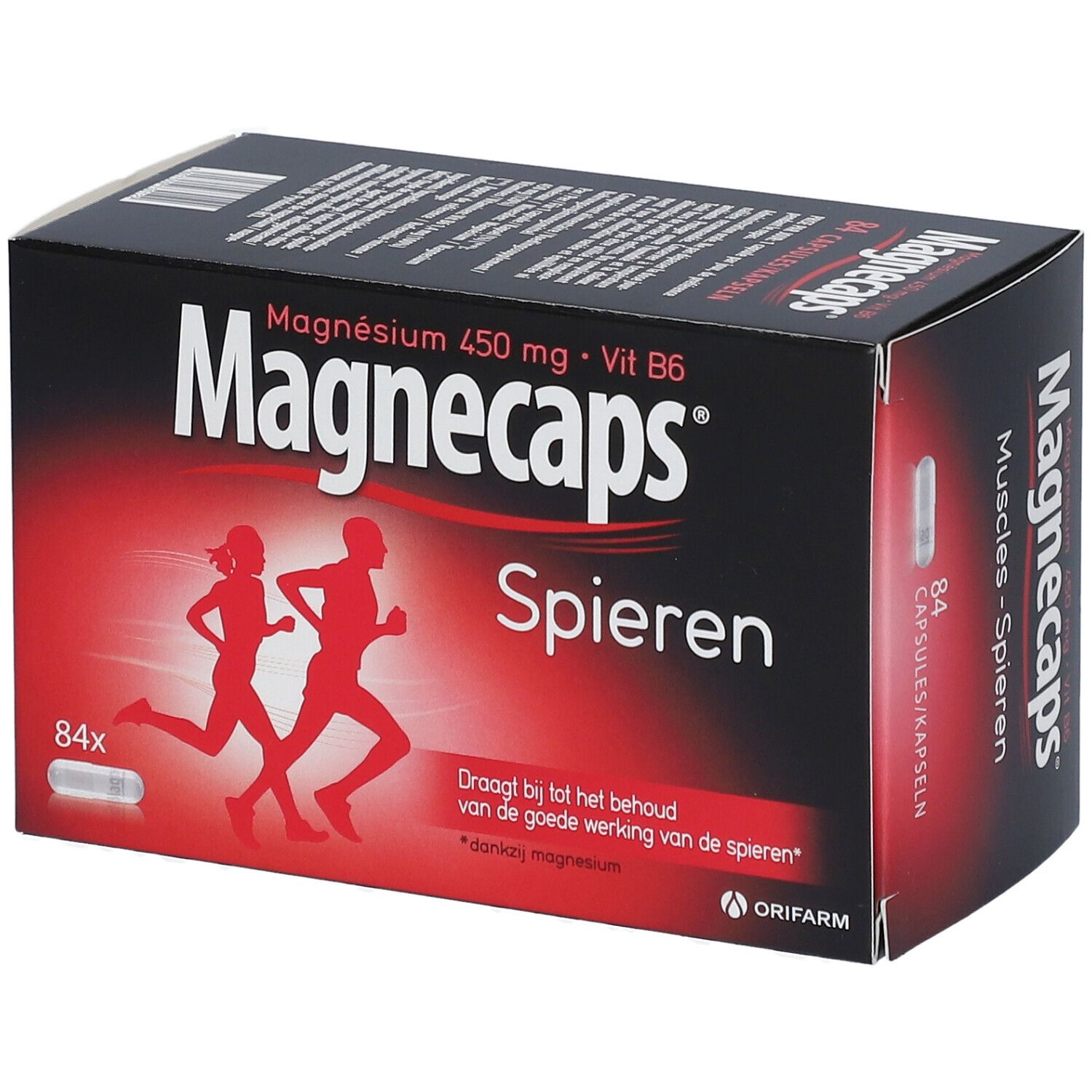 Confezione Magnecaps Muscles. Contiene 84 capsule. Scritta: Magnesio 450 mg + Vit B6. Due persone che corrono.