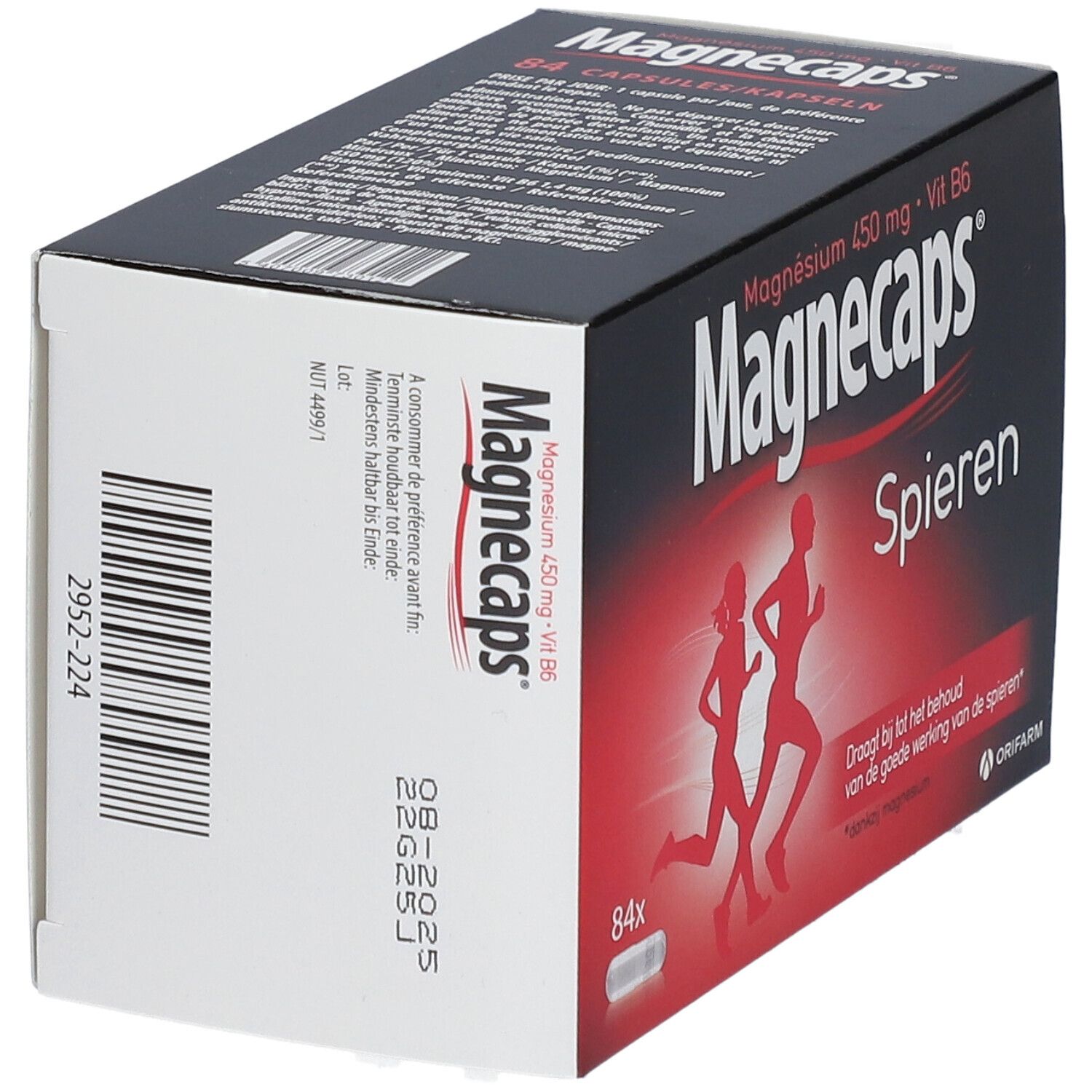 Confezione Magnecaps Muscles. Contiene 84 capsule. Scritta: Magnesio 450 mg + Vit B6. Due persone che corrono.