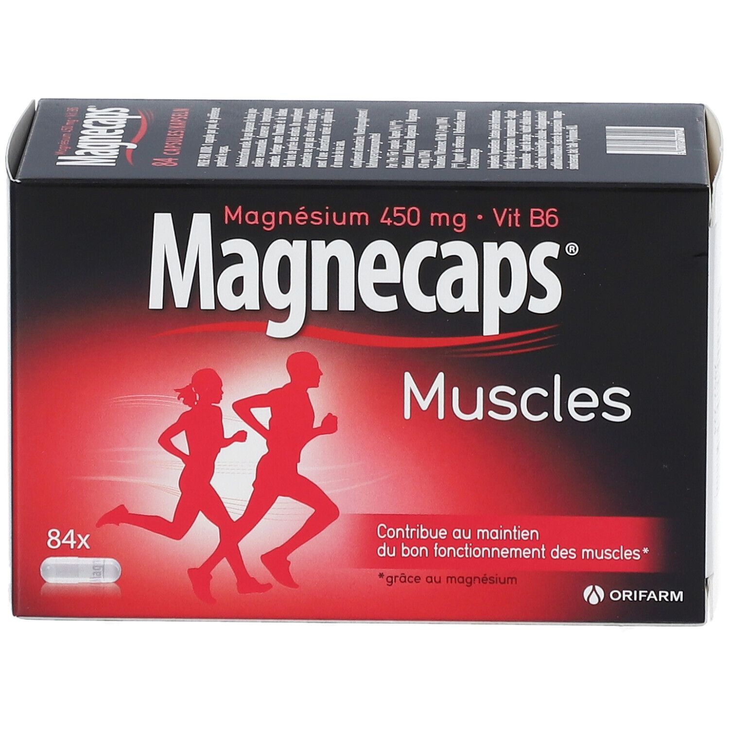 Confezione Magnecaps Muscles. Contiene 84 capsule. Scritta: Magnesio 450 mg + Vit B6. Due persone che corrono.
