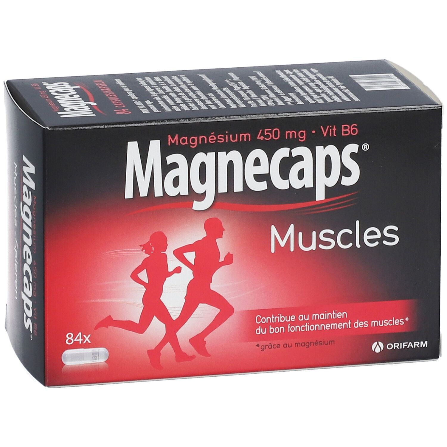 Confezione Magnecaps Muscles. Contiene 84 capsule. Scritta: Magnesio 450 mg + Vit B6. Due persone che corrono.