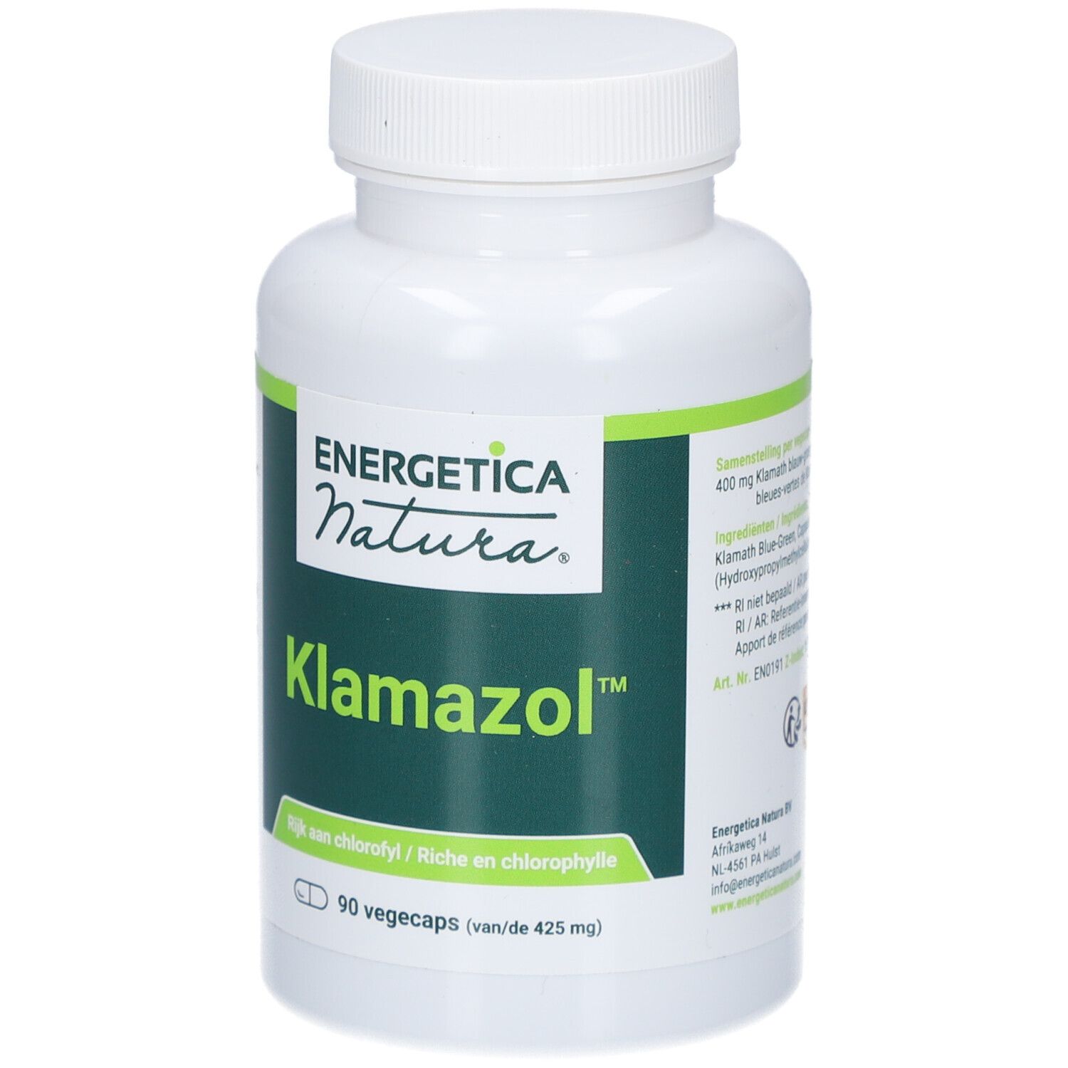Flacone bianco con etichetta verde. Scritta: Klamazol, 90 vegicaps. Marchio: Energetica Natura.