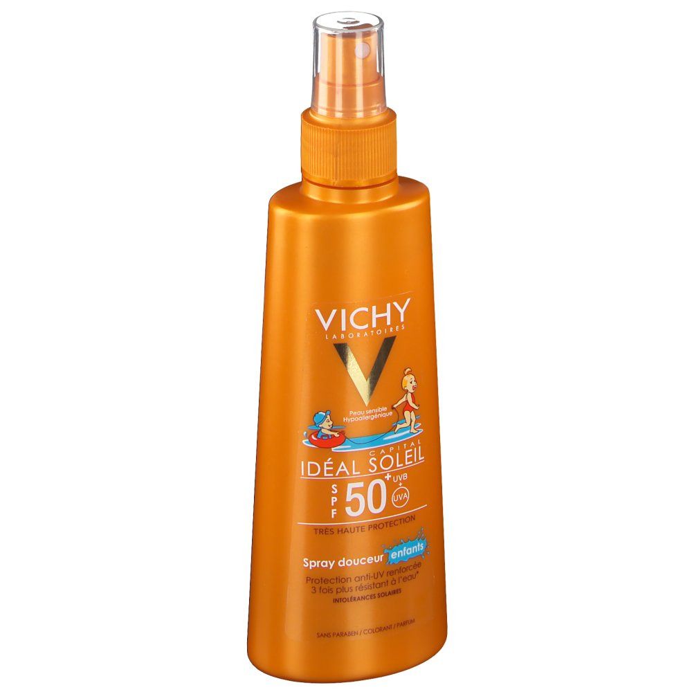 Flacone spray arancione con logo VICHY e nome del prodotto. Scritta: Idéal Soleil 50+ per bambini. Illustrazione di bambini.