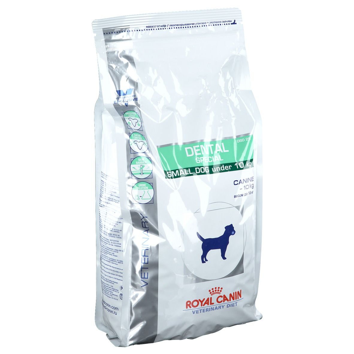 Sacchetto bianco con etichetta verde. Scritta: DENTAL SPECIAL, SMALL DOG under 10 kg. Logo: cane blu. Marchio: ROYAL CANIN VETERINARY DIET.