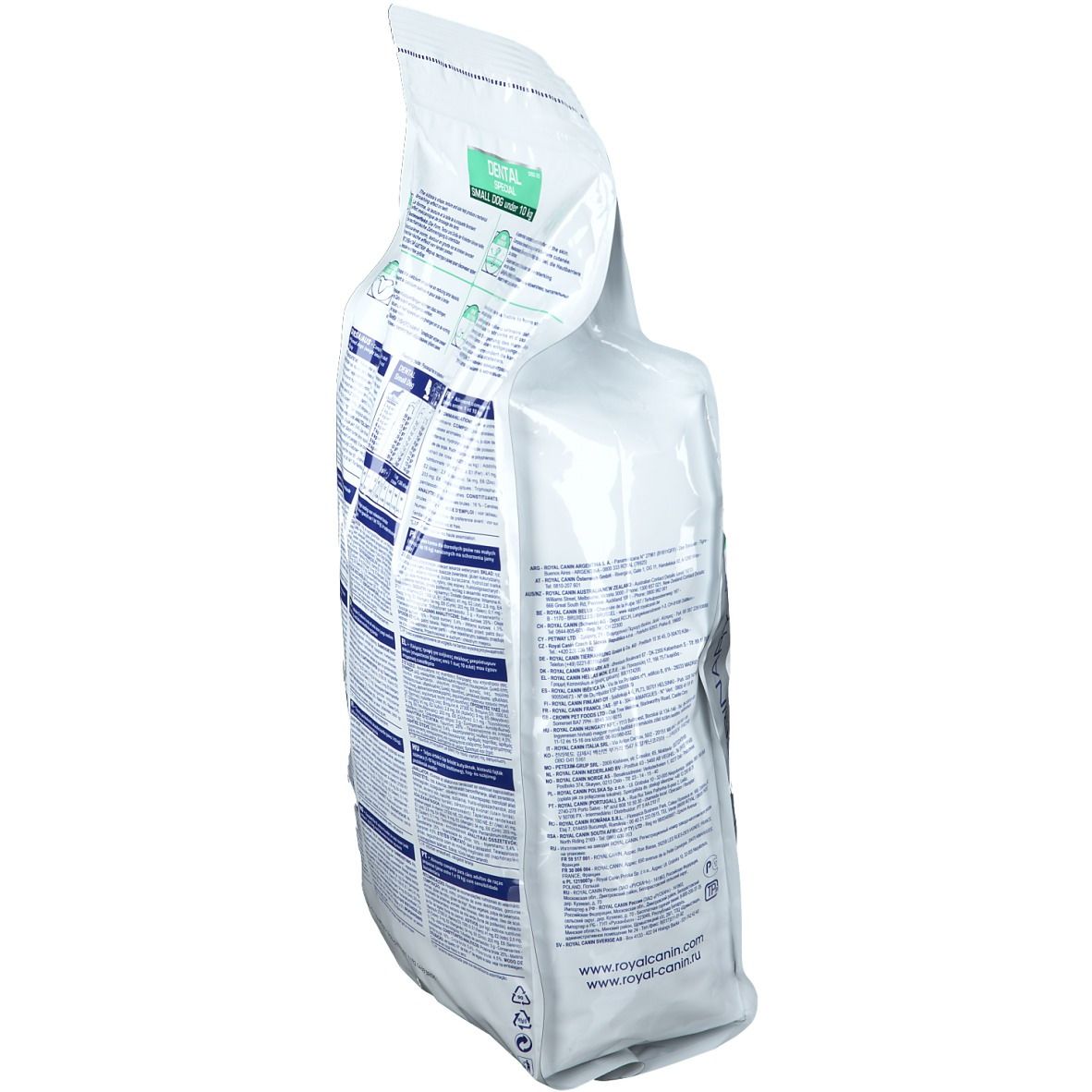 Sacchetto bianco, vista laterale. Testo e grafica. Scritta: DENTAL SPECIAL, SMALL DOG under 10 kg. Marchio: ROYAL CANIN. Peso: 2 kg.