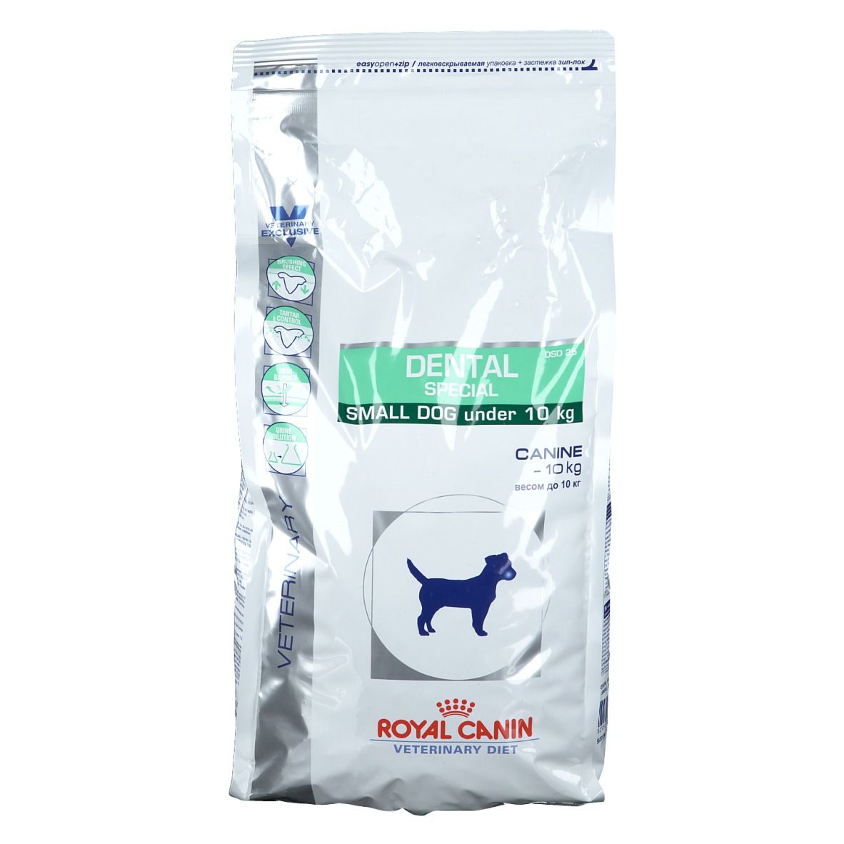 Sacchetto bianco con etichetta verde. Scritta: DENTAL SPECIAL, SMALL DOG under 10 kg. Logo: cane blu. Marchio: ROYAL CANIN VETERINARY DIET.