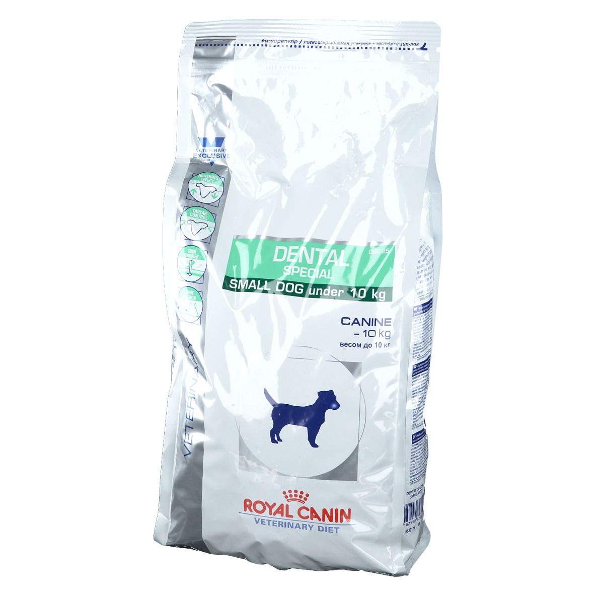 Sacchetto bianco con etichetta verde. Scritta: DENTAL SPECIAL, SMALL DOG under 10 kg. Logo: cane blu. Marchio: ROYAL CANIN VETERINARY DIET.