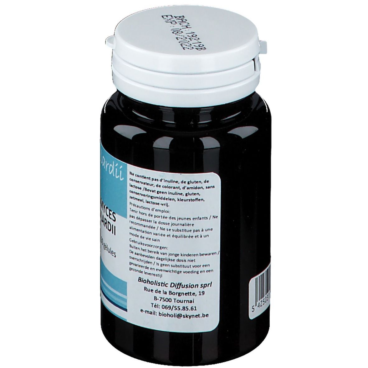 Flacone scuro con tappo bianco. Testo sull'etichetta: informazioni sugli ingredienti, avvertenze e indirizzo del produttore.