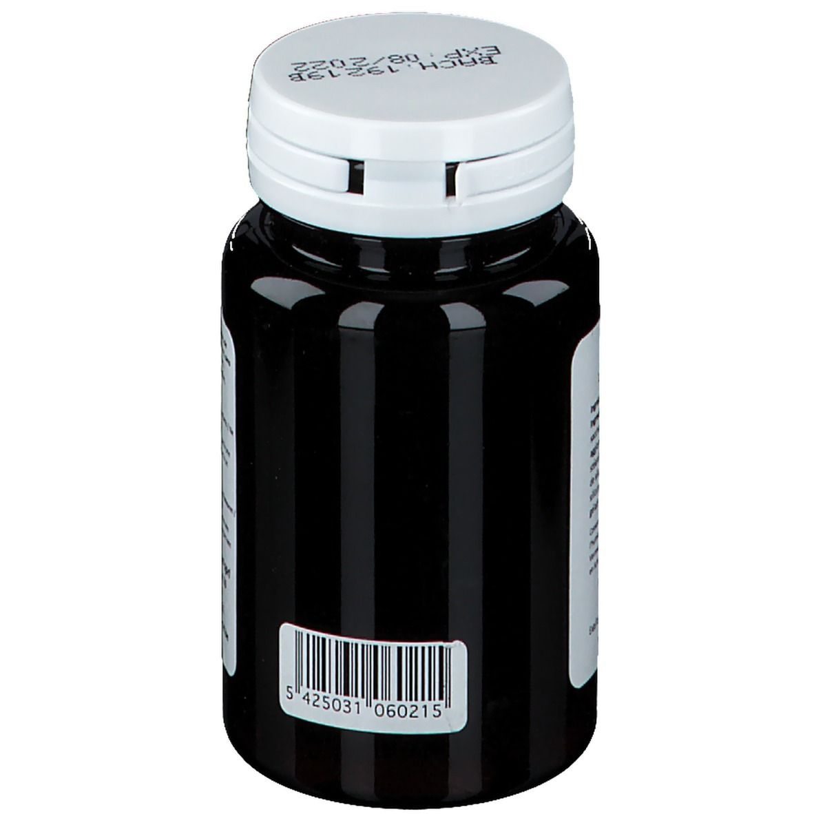 Flacone scuro con tappo bianco. Codice a barre e numero di lotto sull'etichetta.