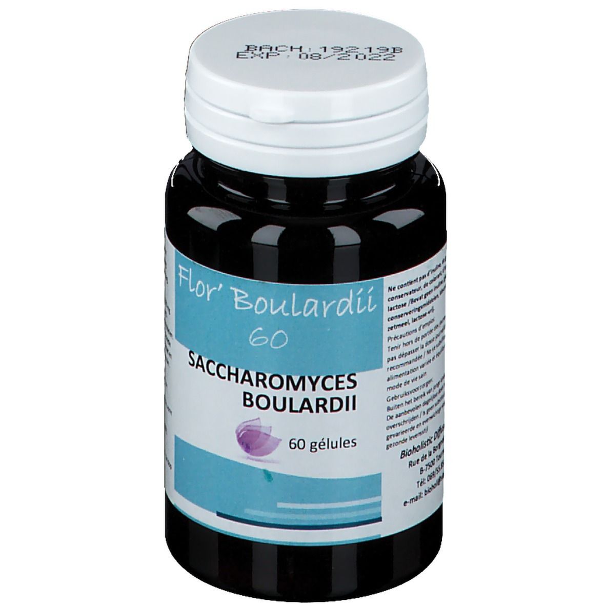 Flacone scuro con tappo bianco. Scritta: Flor' Boulardii 60, Saccharomyces boulardii, 60 gélules. Data di scadenza.