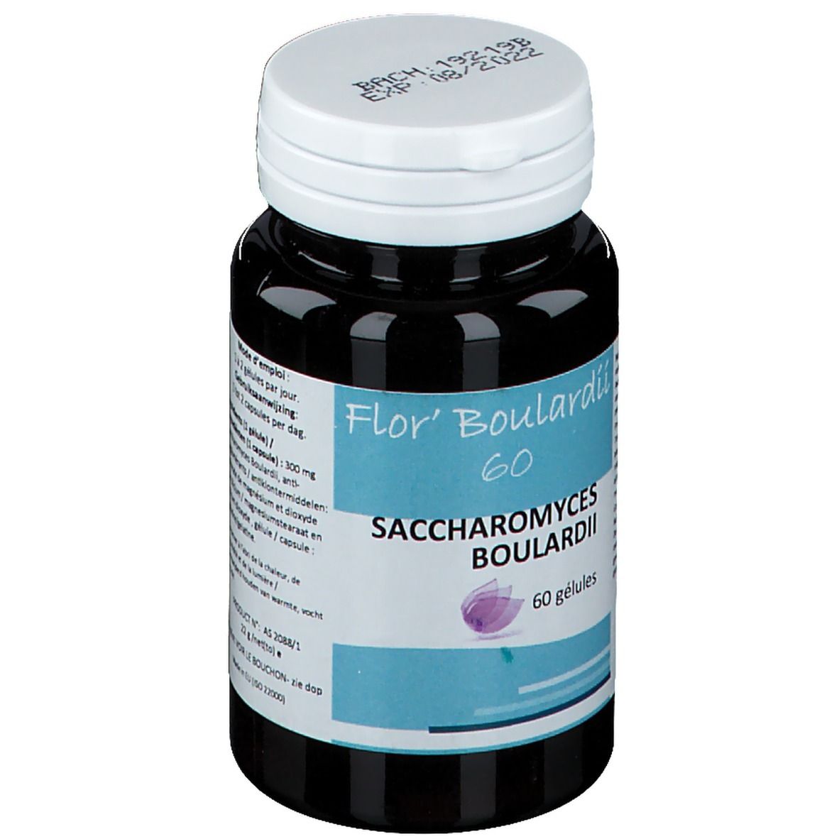 Flacone scuro con tappo bianco. Scritta: Flor' Boulardii 60, Saccharomyces boulardii, 60 gélules. Data di scadenza.