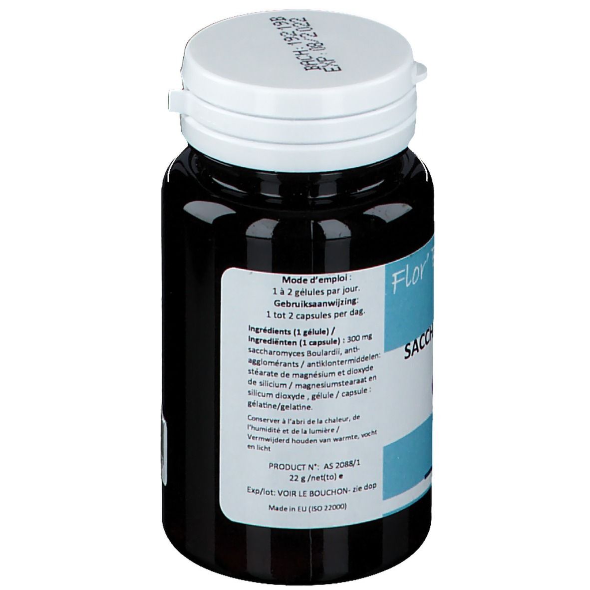 Flacone scuro con tappo bianco. Scritta: Flor' Boulardii 60, Saccharomyces boulardii, 60 gélules. Istruzioni per l'uso.