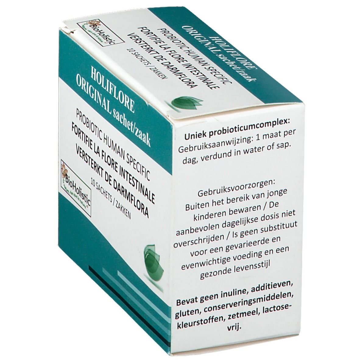 Scatola HOLIFLORE ORIGINAL. Testo: PROBIOTIC HUMAN SPECIFIC, 10 bustine. Istruzioni. Logo BioHolistic. Angolo.