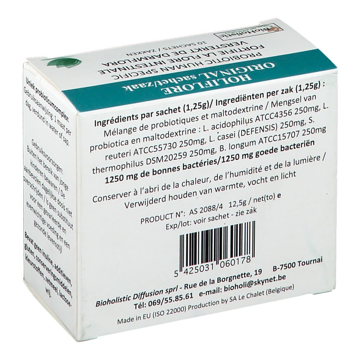 Scatola HOLIFLORE ORIGINAL. Ingredienti, codice a barre. Testo: PROBIOTIC HUMAN SPECIFIC, 10 bustine. Logo BioHolistic.
