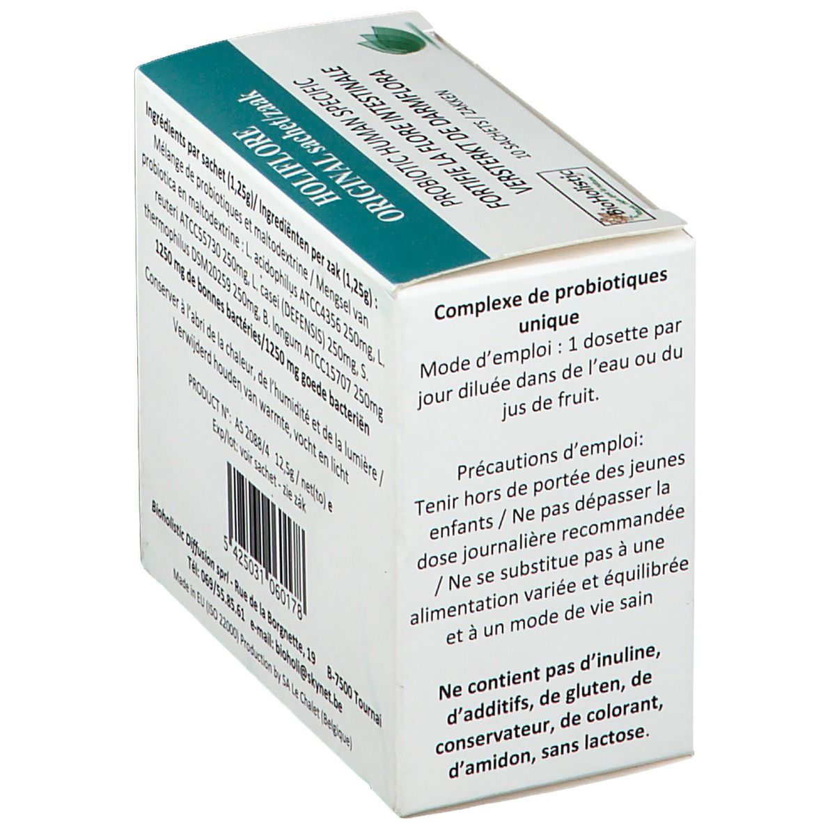 Scatola HOLIFLORE ORIGINAL. Istruzioni per l'uso. Testo: PROBIOTIC HUMAN SPECIFIC, 10 bustine. Logo BioHolistic. Vista angolare.