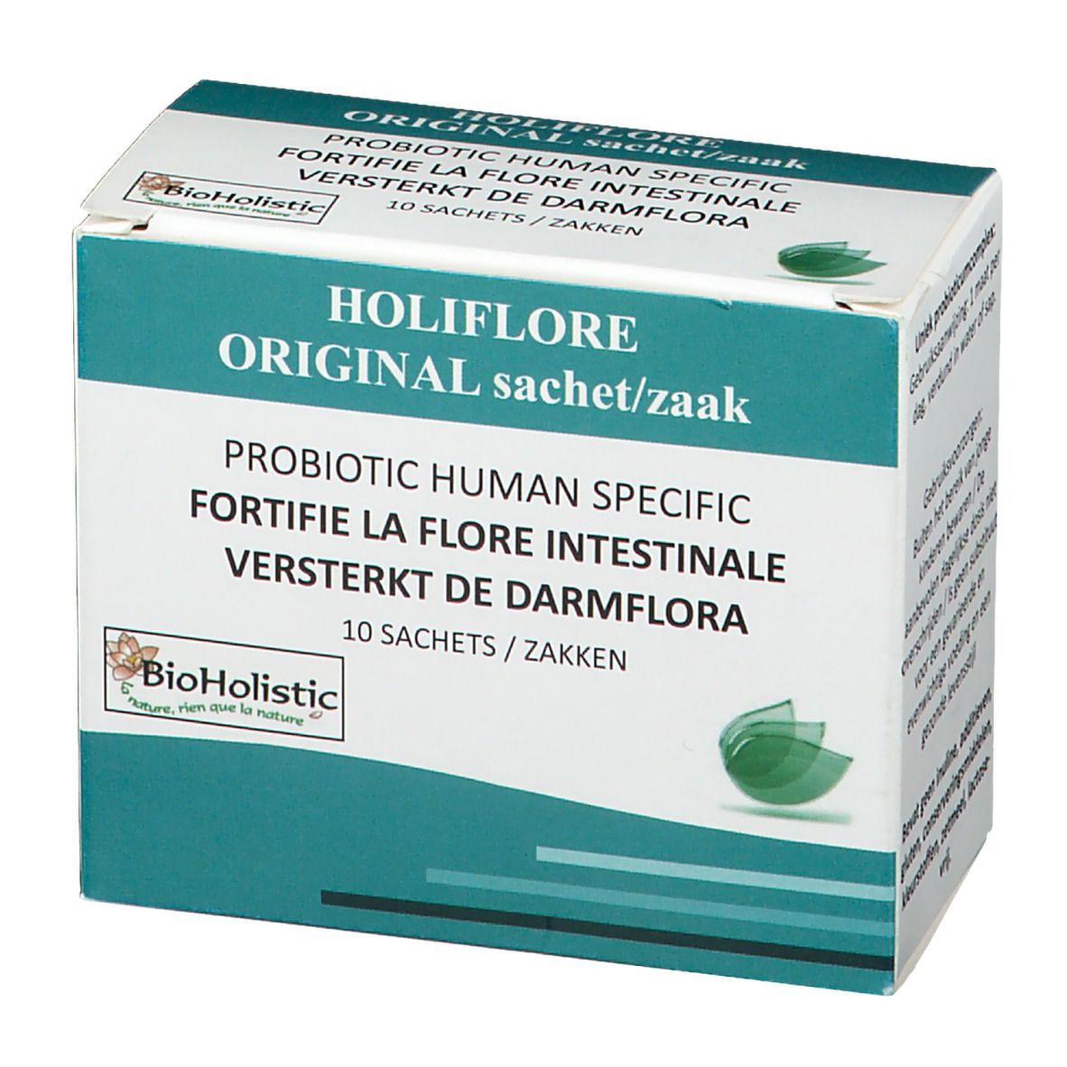 Scatola HOLIFLORE ORIGINAL. Testo: PROBIOTIC HUMAN SPECIFIC, 10 bustine. Logo BioHolistic. Sfondo verde e bianco.