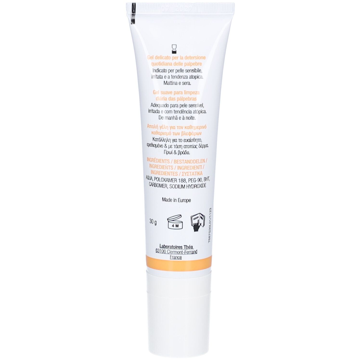 Retro del tubo. Ingredienti e informazioni in più lingue. Marchio: Théa.