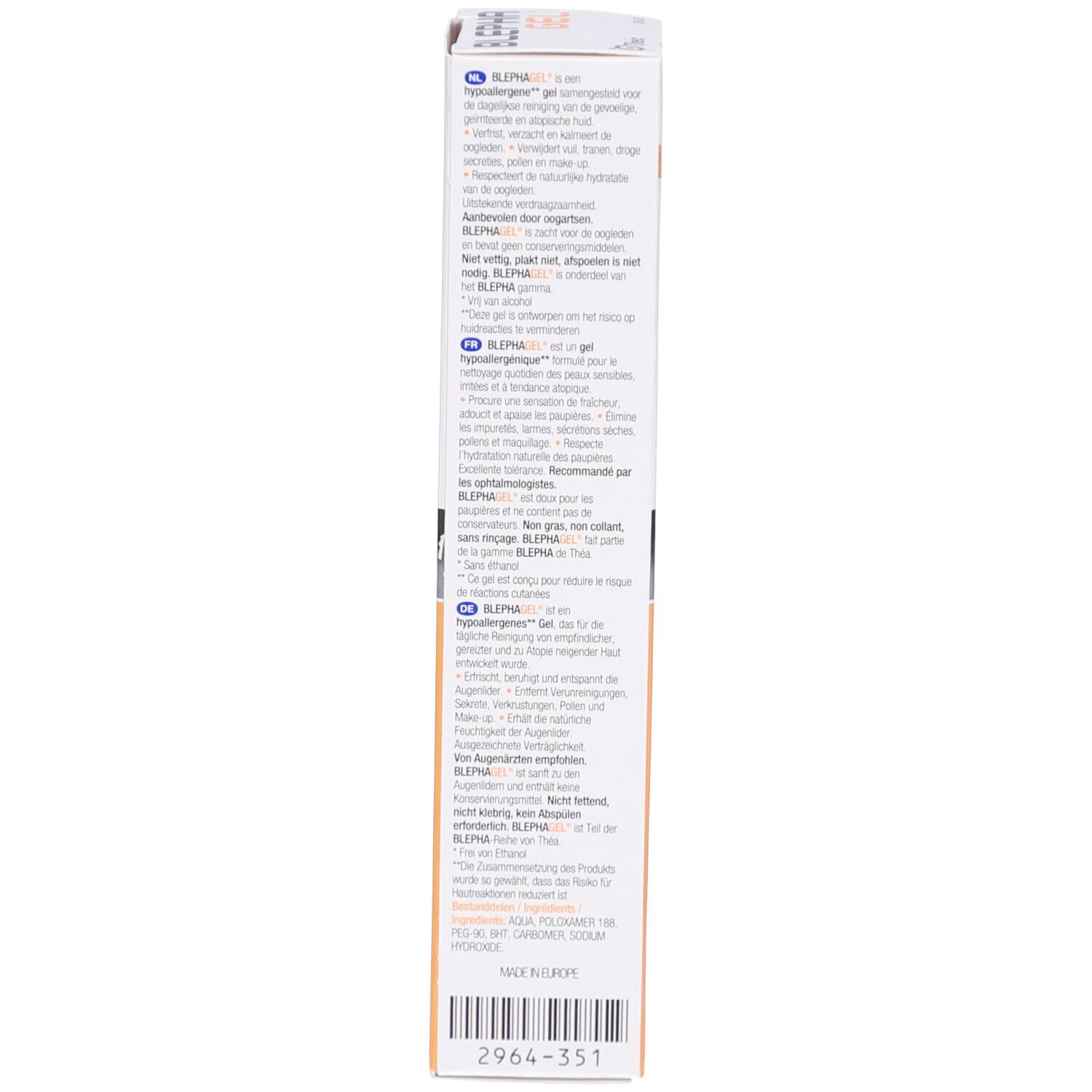 Retro della confezione di Blephagel Gel. Testo multilingue. Marchio: Théa.