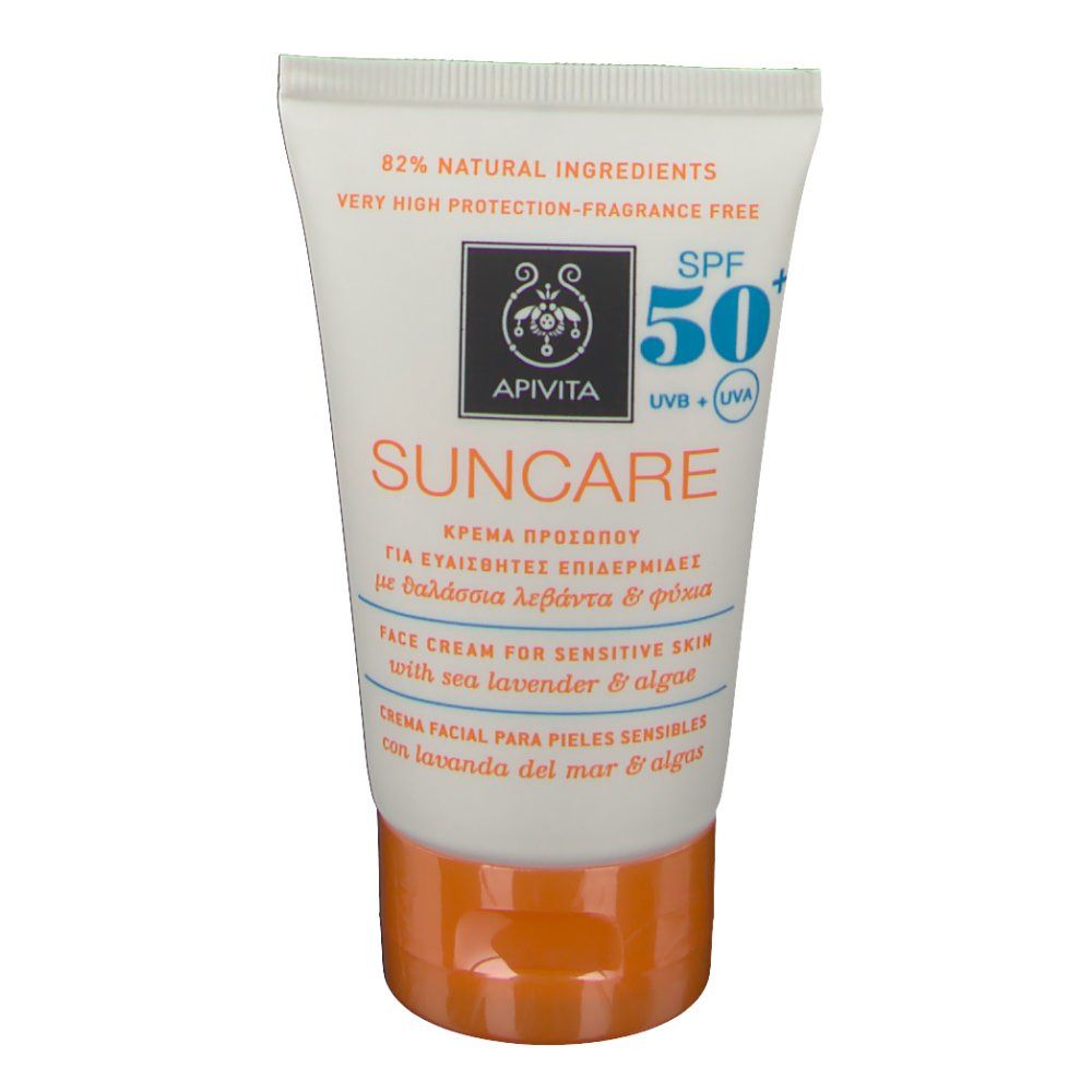 Tubo di crema solare Apivita Sun Visage SPF 50. Bianco con tappo arancione. Informazioni sul prodotto.