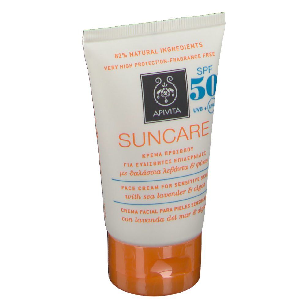 Tubo di crema solare Apivita Sun Visage SPF 50. Bianco con tappo arancione. Informazioni sul prodotto.
