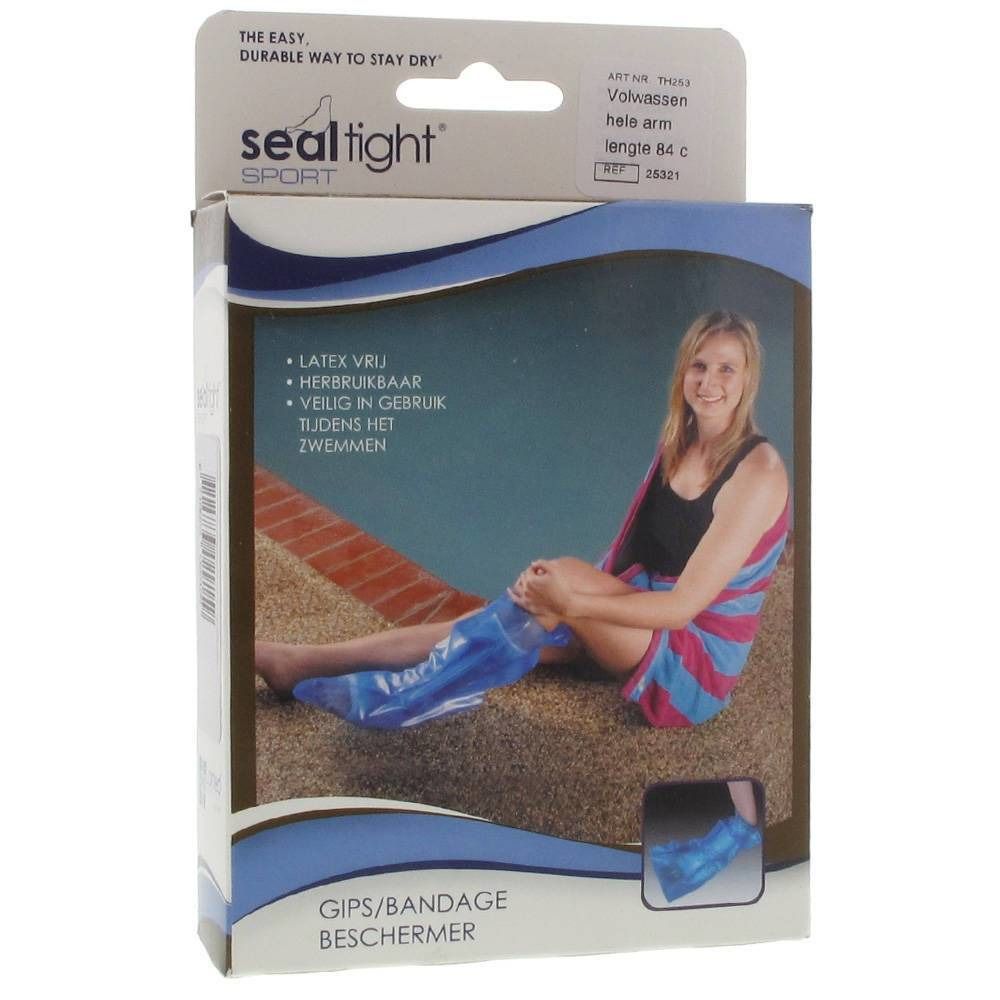 Confezione con immagine del prodotto. Scritta: seal tight sport. Prodotto per adulti, lunghezza intera del braccio 84 cm. Senza lattice, riutilizzabile.