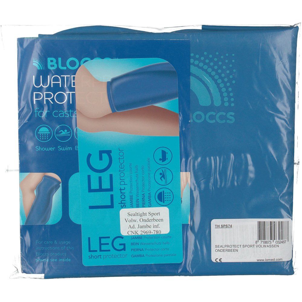 Protezione corta per gamba blu in confezione. Testo: 'LEG short protection'.