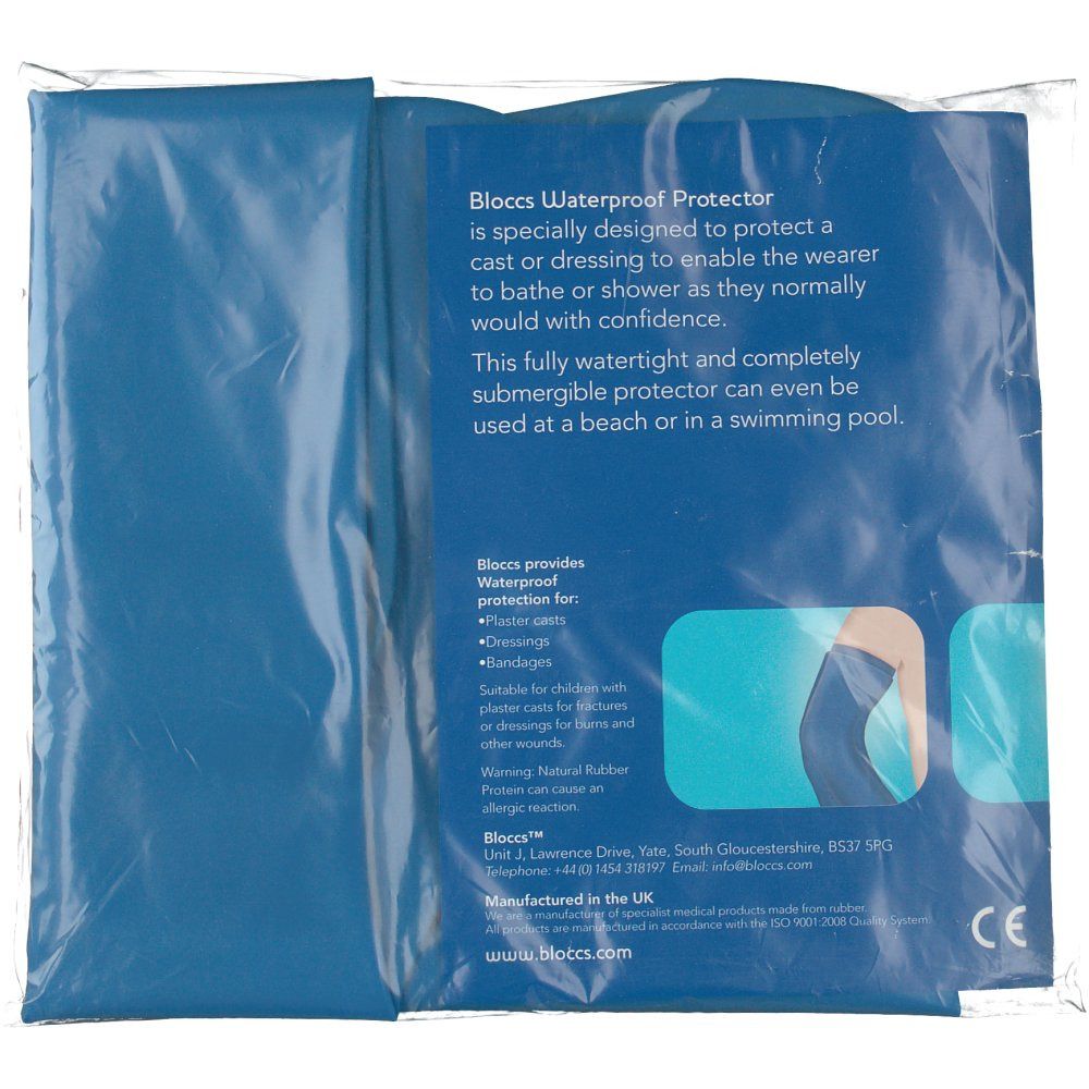 Confezione di protezione corta per gamba blu. Testo: 'Bloccs Waterproof Protector'.