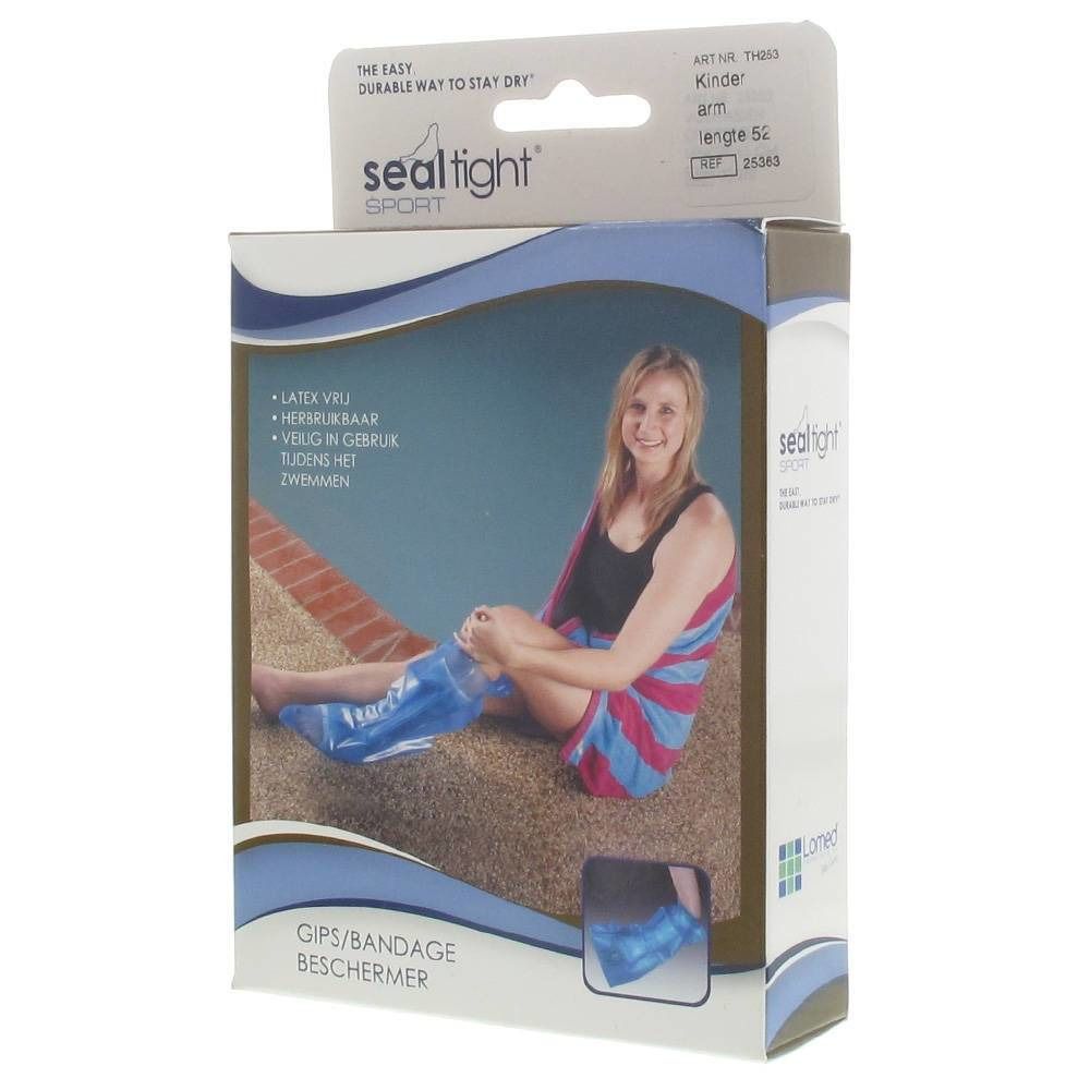 Confezione di protezione per gesso/bendaggio. L'immagine mostra una donna con una protezione per il braccio. Marchio: Seal Tight Sport.
