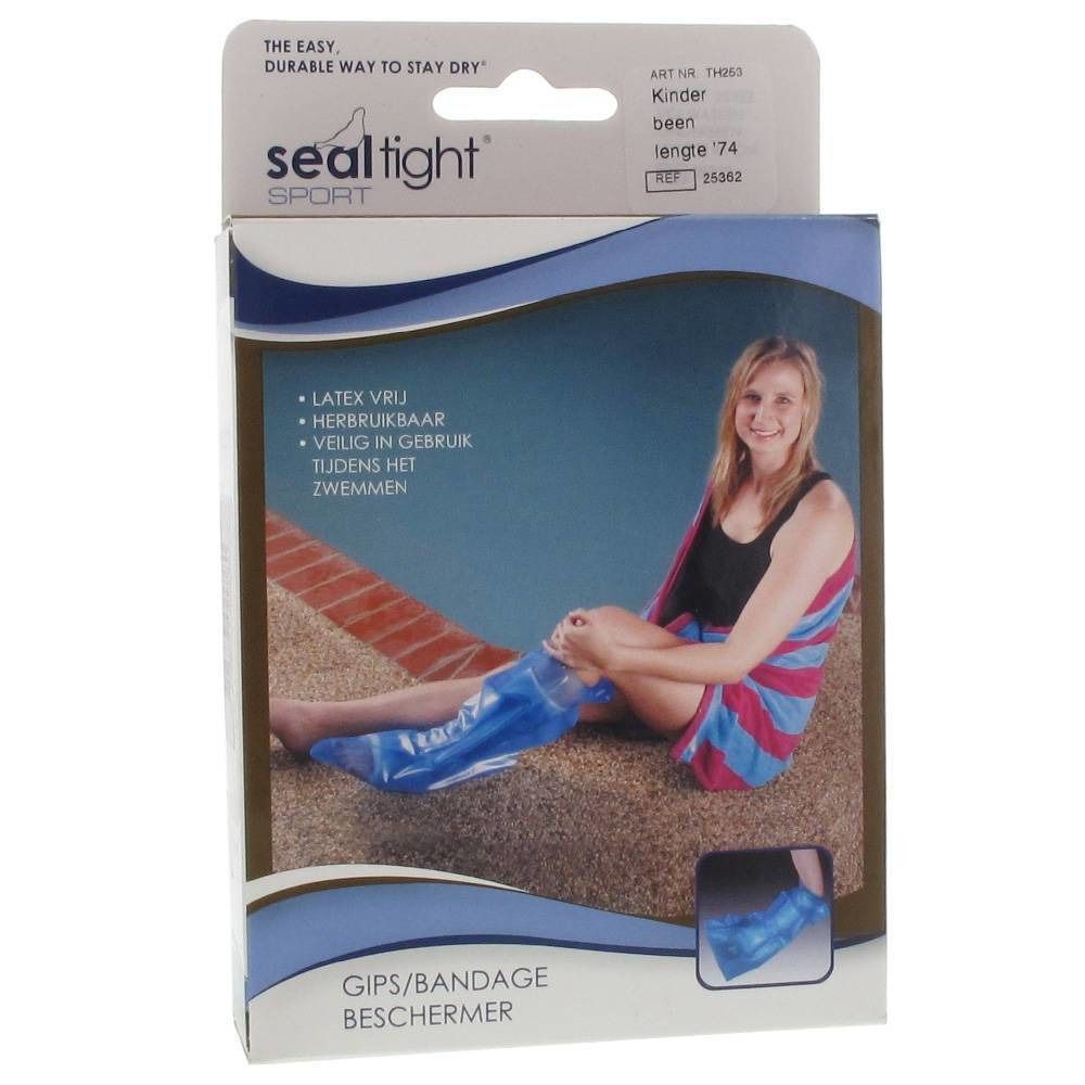 Confezione di protezione per gamba ingessata/bendata. Sulla confezione è raffigurata una donna con una protezione blu sulla gamba. Testo: seal tight SPORT.