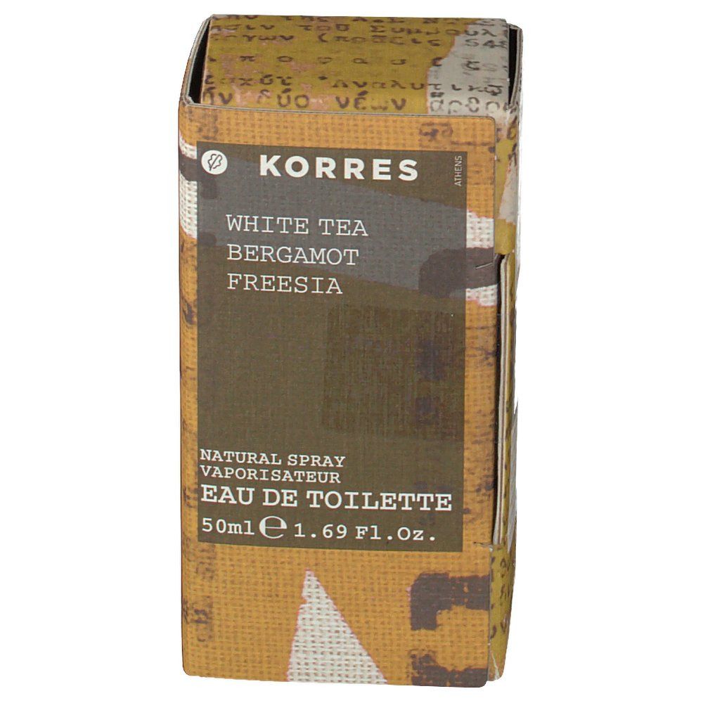 KORRES Eau de toilette White Tea. Confezione in cartone. Scritta: White Tea, Bergamotto, Fresia. Natural Spray, Eau de Toilette.