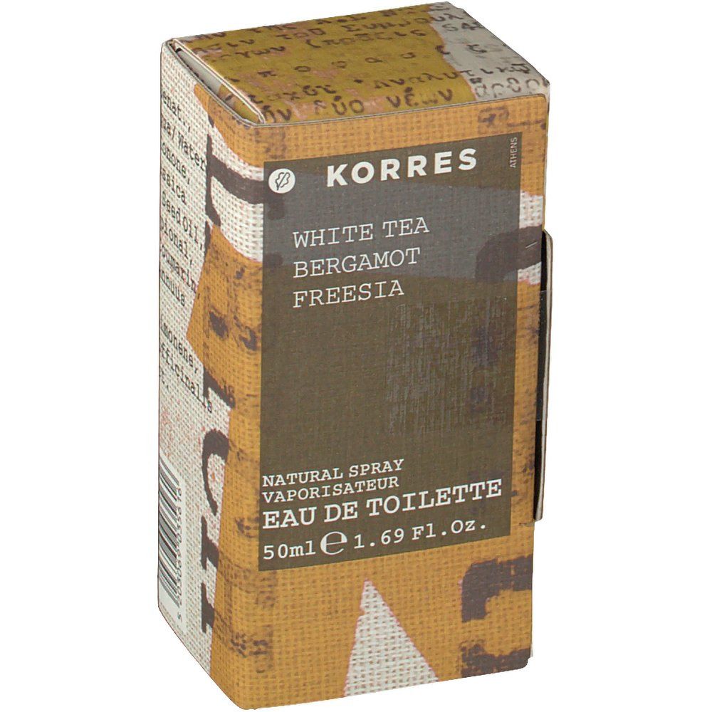 KORRES Eau de toilette White Tea. Confezione in cartone. Scritta: White Tea, Bergamotto, Fresia. Natural Spray, Eau de Toilette.