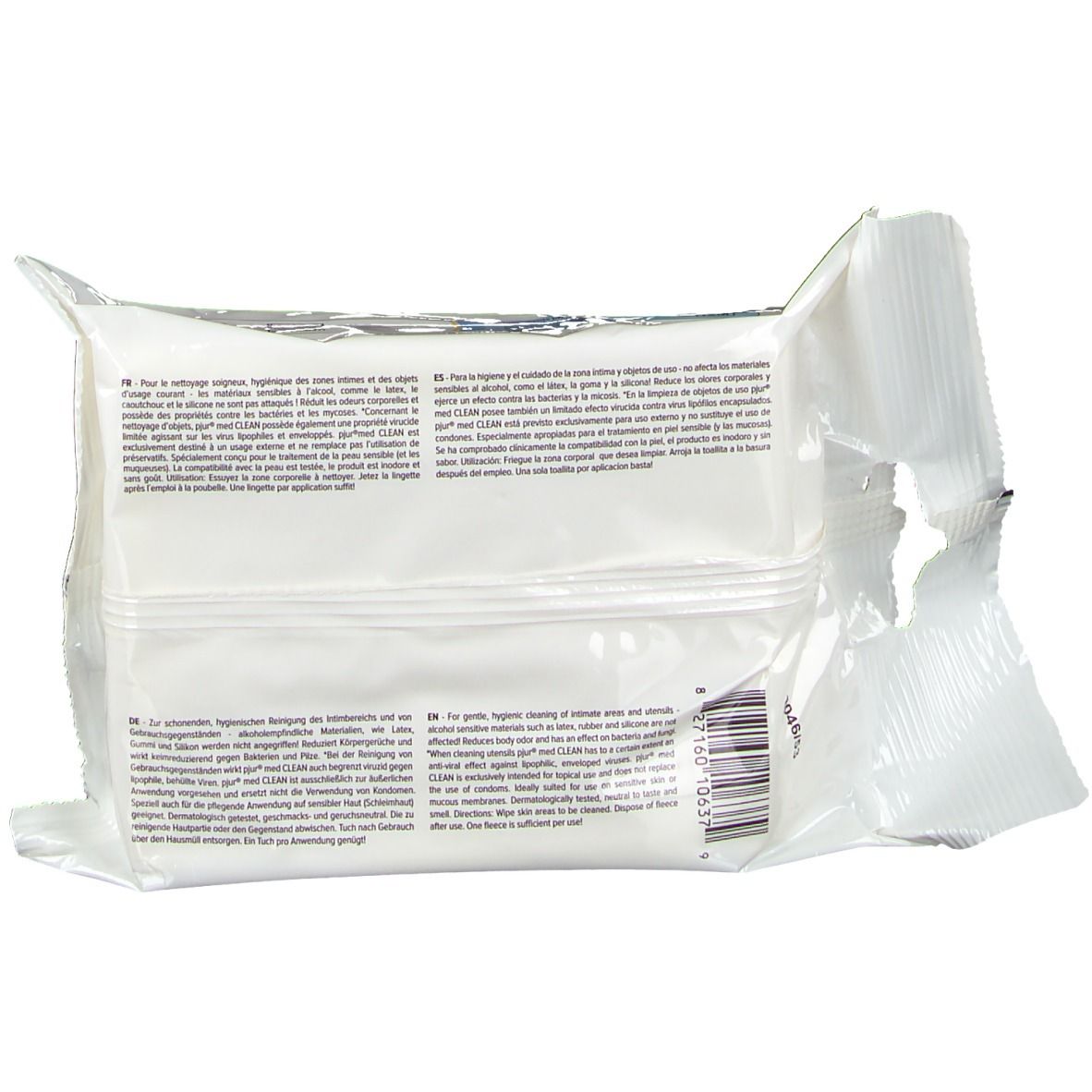 Retro della confezione con testo. Informazioni stampate e codice a barre.