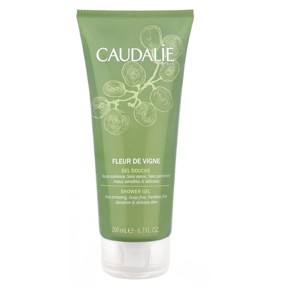 Tubo verde con tappo bianco. Scritta CAUDALIE, FLEUR DE VIGNE, GEL DOUCHE. 200 ml. Per pelli sensibili.