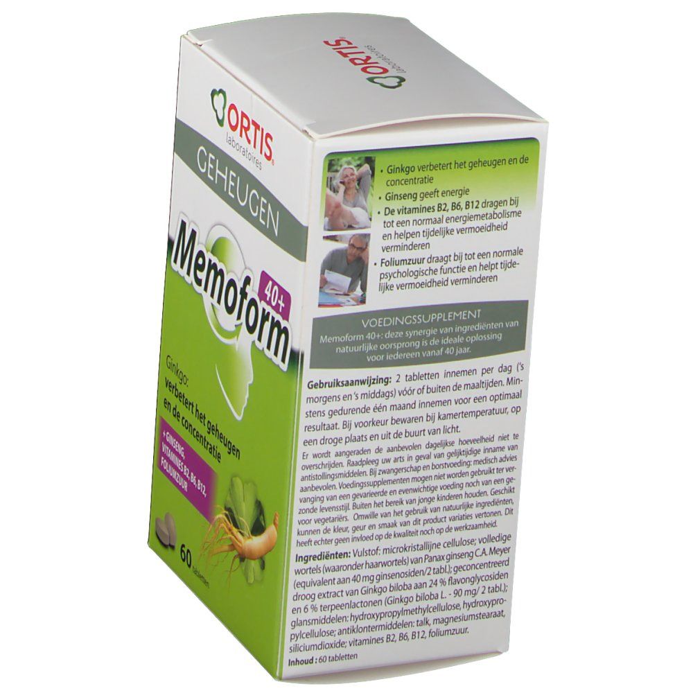 Retro della scatola Ortis Memoform 40+. Testo sugli ingredienti e l'uso. Illustrazioni di persone.