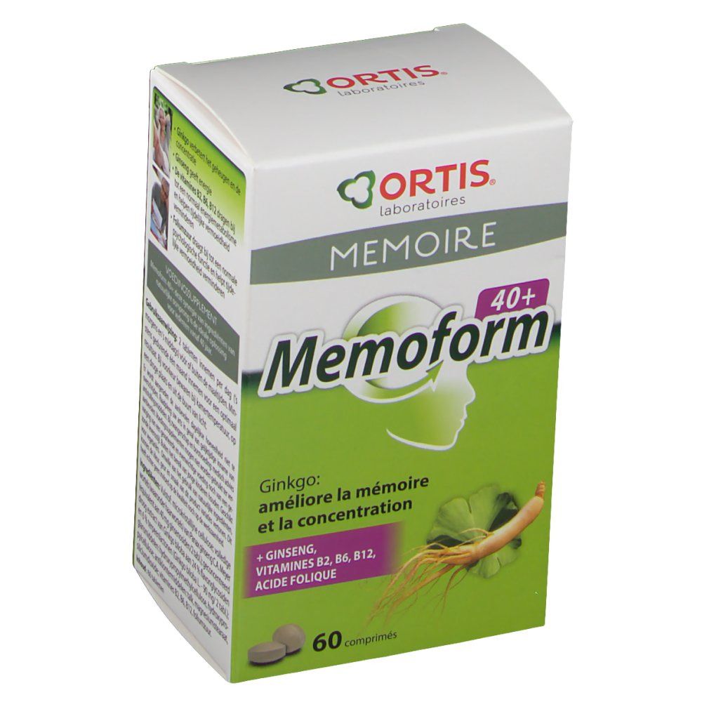 Scatola Ortis Memoire 40+. Verde e bianca. Nome del prodotto e ingredienti. Illustrazioni di ginkgo e ginseng.